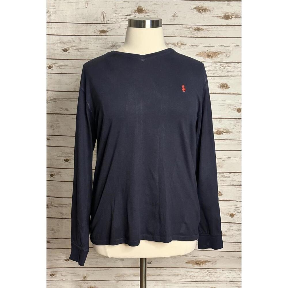 Polo Ralph Lauren casual navy blue cotton high V-neck long sleeve t-shirt Size L